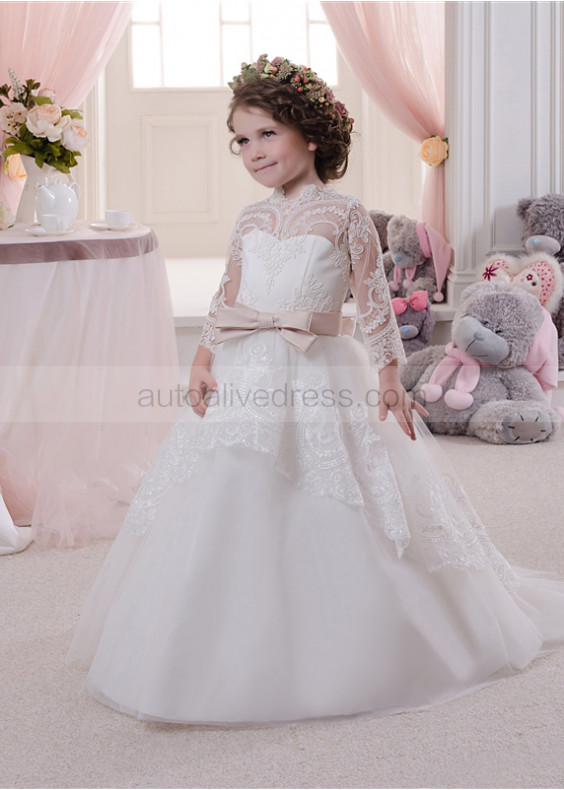 Long Sleeves Lace Tulle Floor Length Fairytale Flower Girl Dress 